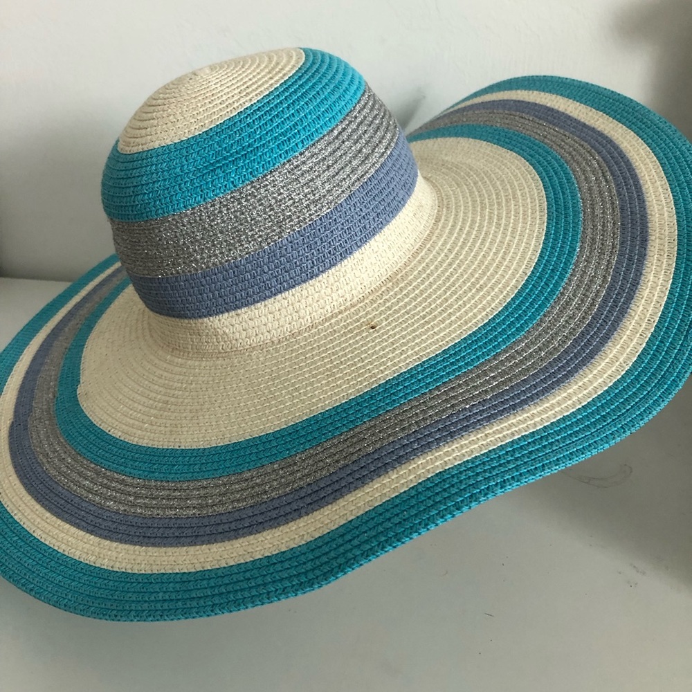 Coconut Creek Striped Wide-Brim Sun Hat - Turquoise & Cream